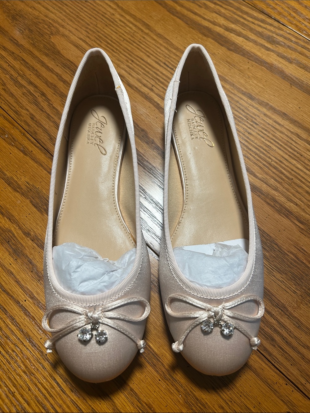 Badgley Mischka Blush Pink Ballet Flats with Crystal Bow Accents